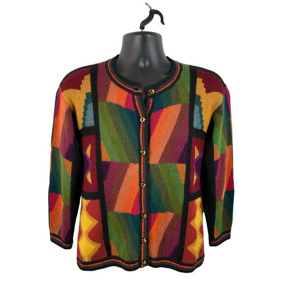 Perez Baby Alpaca Knit Cardigan Colorblock Size Large Hand Knit Colorful Artsy - Picture 1 of 11